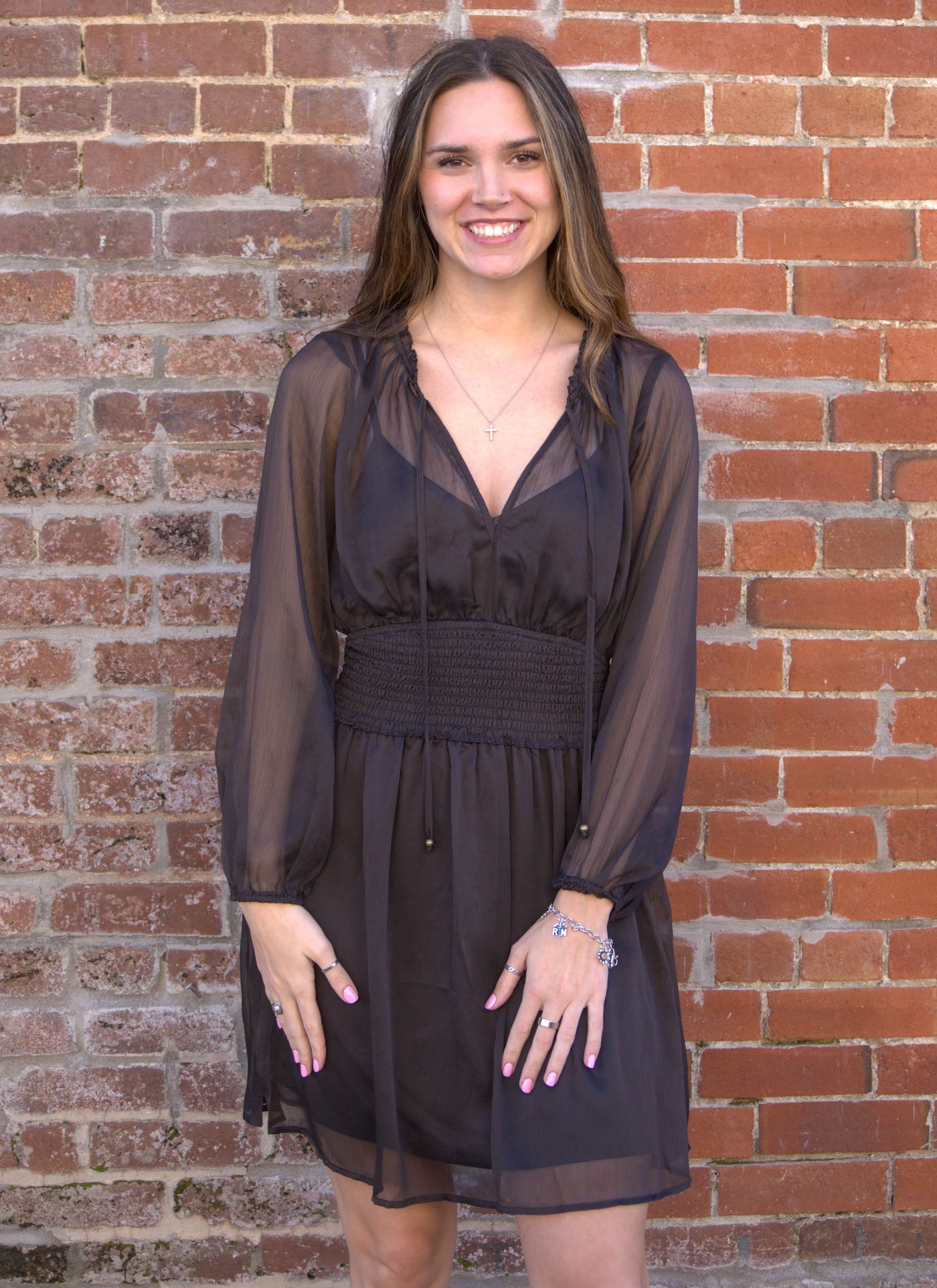 Tie Neck Smocked Mini Dress-Chocolate Brown,dress,dresses,Lovestitch,Mini Dress,ruffle,Ruffle Detail,Sheer,smocked waist,Tiered Dress,Women,women's-S-Chocolate-[option4]-[option5]-[option6]-Bella Bliss Boutique in Texas