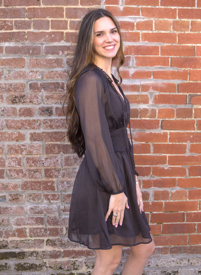 Tie Neck Smocked Mini Dress-Chocolate Brown,dress,dresses,Lovestitch,Mini Dress,ruffle,Ruffle Detail,Sheer,smocked waist,Tiered Dress,Women,women's-[option4]-[option5]-[option6]-Bella Bliss Boutique in Texas