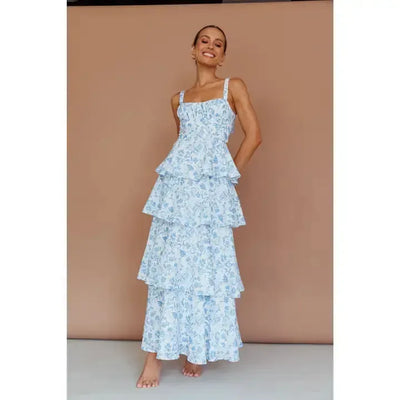 Tie Up Tiered Maxi Dress-Blue,clothing,dress,dresses,Floral Print,Maxi Dress,Tie Back,Tie Up,Tiered,Tiered Dress,Women,women's-XS-[option4]-[option5]-[option6]-Bella Bliss Boutique in Texas