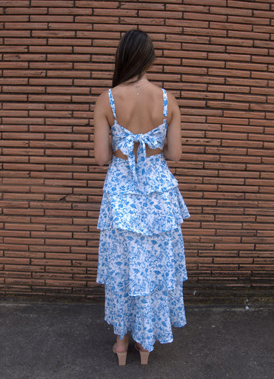 Tie Up Tiered Maxi Dress-Blue,clothing,dress,dresses,Floral Print,Maxi Dress,Tie Back,Tie Up,Tiered,Tiered Dress,Women,women's-[option4]-[option5]-[option6]-Bella Bliss Boutique in Texas