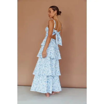 Tie Up Tiered Maxi Dress-Blue,clothing,dress,dresses,Floral Print,Maxi Dress,Tie Back,Tie Up,Tiered,Tiered Dress,Women,women's-[option4]-[option5]-[option6]-Bella Bliss Boutique in Texas