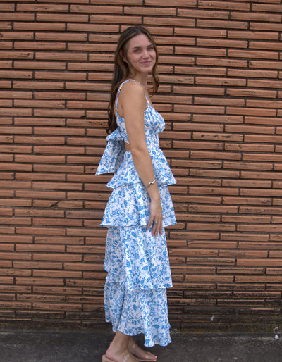 Tie Up Tiered Maxi Dress-Blue,clothing,dress,dresses,Floral Print,Maxi Dress,Tie Back,Tie Up,Tiered,Tiered Dress,Women,women's-[option4]-[option5]-[option6]-Bella Bliss Boutique in Texas