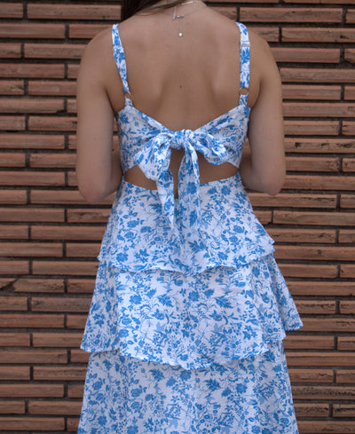 Tie Up Tiered Maxi Dress-Blue,clothing,dress,dresses,Floral Print,Maxi Dress,Tie Back,Tie Up,Tiered,Tiered Dress,Women,women's-[option4]-[option5]-[option6]-Bella Bliss Boutique in Texas