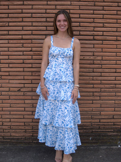 Tie Up Tiered Maxi Dress-Blue,clothing,dress,dresses,Floral Print,Maxi Dress,Tie Back,Tie Up,Tiered,Tiered Dress,Women,women's-[option4]-[option5]-[option6]-Bella Bliss Boutique in Texas