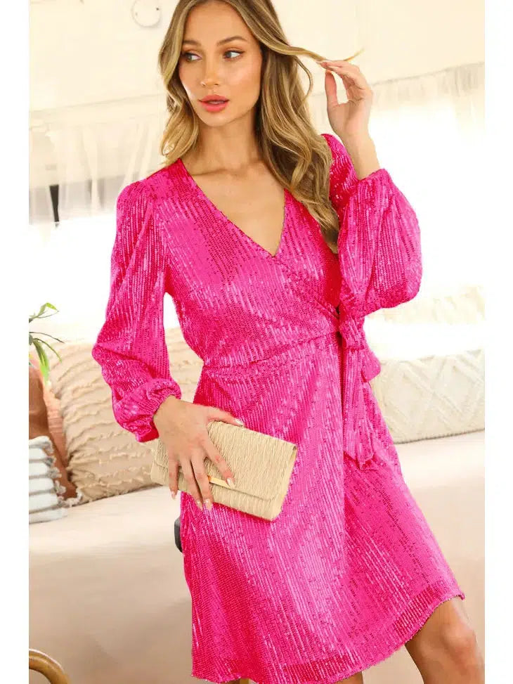 Tie Waist Sequin Midi Dress-clothing, dress, dresses, Fuchsia, Midi Dress, Party Dress, Sequin Dress, Tie Waist, Women, women's-[option4]-[option5]-[option6]-Bella Bliss Boutique in Texas