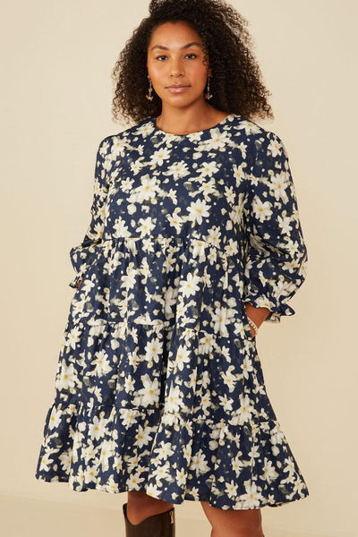 Tiered Cinch Sleeve Dress-Cinch Sleeve,clothing,Curvy,dress,dresses,Floral Print,navy,Sale,Tiered-1XL-[option4]-[option5]-[option6]-Bella Bliss Boutique in Texas