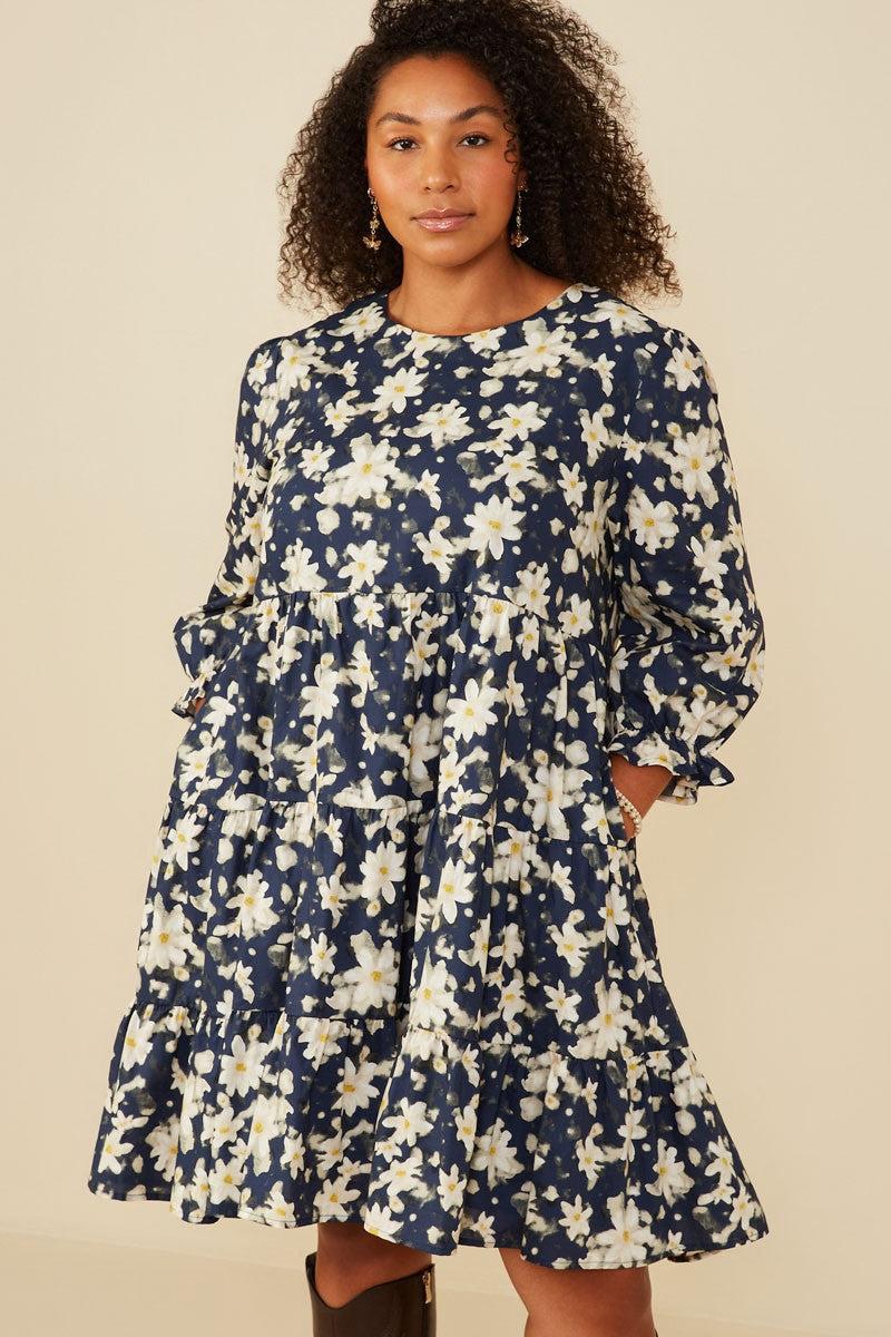 Tiered Cinch Sleeve Dress-Cinch Sleeve,clothing,Curvy,dress,dresses,Floral Print,navy,Sale,Tiered-[option4]-[option5]-[option6]-Bella Bliss Boutique in Texas