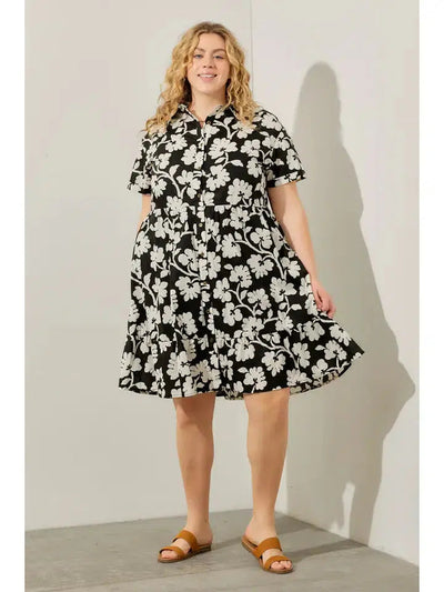 Tiered Midi Shirt Dress-Black Multi, clothing, Curvy, dress, dresses, Floral, Floral Print, Midi Dress, Shirt Dress, Tiered-[option4]-[option5]-[option6]-Bella Bliss Boutique in Texas