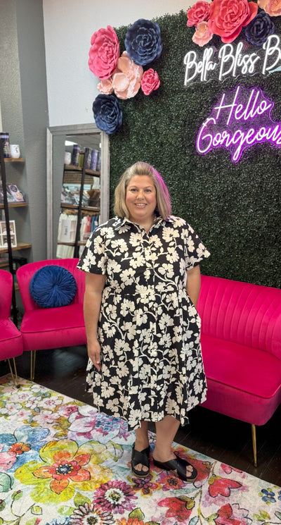 Tiered Midi Shirt Dress-Black Multi,clothing,Curvy,dress,dresses,Floral,Floral Print,Midi Dress,Sale,Shirt Dress,Tiered-[option4]-[option5]-[option6]-Bella Bliss Boutique in Texas