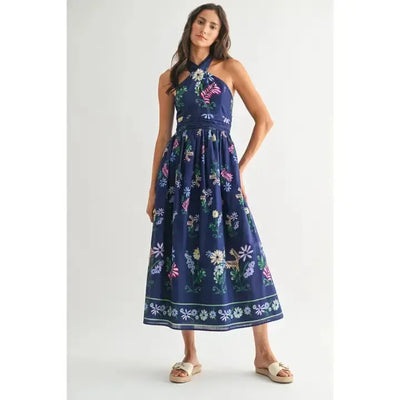Timeless Grace Floral Maxi Dress-clothing,dresses,Floral,Floral Print,Halter Dress,Maxi Dress,navy,Navy Multi,Navy Multi Print,Tie Neck,women's-S-[option4]-[option5]-[option6]-Bella Bliss Boutique in Texas