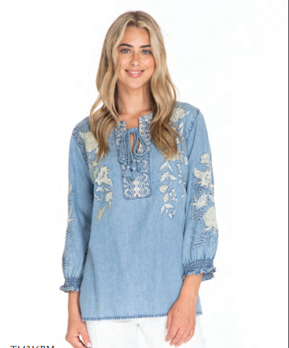 Tonal Embroidered Tie Neck Top-3/4 Sleeve, 3/4 sleeves, clothing, embroidered, Embroidered Detail, Sale, Tie Neck, Tonal Embroidery, Top, Tops, Women, women's-[option4]-[option5]-[option6]-Bella Bliss Boutique in Texas