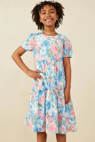 Tropical Floral Tiered Dress-Blue Mix, Chidren & Tween, Chidrens/Tweens, Children & Tweens, Children/Tween, Childrens/Tween, clothing, dress, dresses, Floral, Floral Print, Short Sleeve, Tiered, Tropical Floral, tween, Tween 7-14, Tweens 7-14-S-[option4]-[option5]-[option6]-Bella Bliss Boutique in Texas
