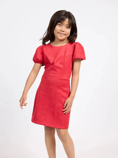 Tuscany Faux Suede Dress-Children & Tweens,clothing,dress,dresses,Faux Suede,Puff Sleeve,Red,Tweens 7-14-[option4]-[option5]-[option6]-Bella Bliss Boutique in Texas