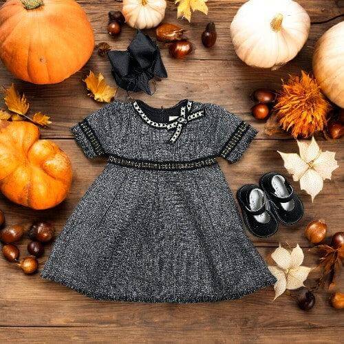 Tweed Pleated Dress-Black,Black & White,Bow Detail,Children & Tweens,children's,dress,dresses,Fray Hem,Fray Hem Detail,Infant to 6,little girls dresses,Sale,Tweed-[option4]-[option5]-[option6]-Bella Bliss Boutique in Texas