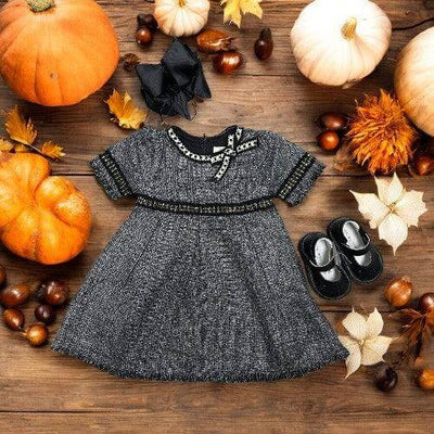 Tweed Pleated Dress-Black,Black & White,Bow Detail,Children & Tweens,children's,dress,dresses,Fray Hem,Fray Hem Detail,Infant to 6,little girls dresses,Sale,Tweed-[option4]-[option5]-[option6]-Bella Bliss Boutique in Texas