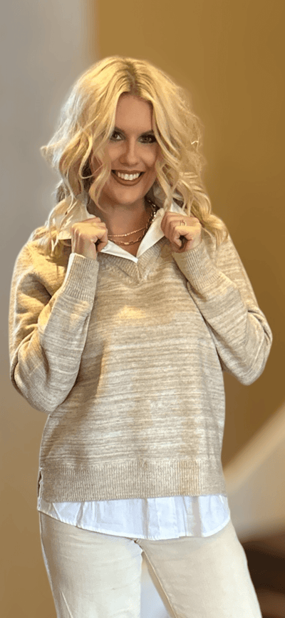 Twofer Collared Sweater-clothing,Collared,Light Oatmeal Melange,Long Sleeve,Sale,Sweater,Sweaters,Top,Tops,Twofer,Women,women's-[option4]-[option5]-[option6]-Bella Bliss Boutique in Texas