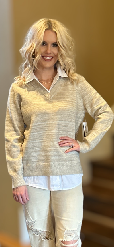 Twofer Collared Sweater-clothing,Collared,Light Oatmeal Melange,Long Sleeve,Sale,Sweater,Sweaters,Top,Tops,Twofer,Women,women's-[option4]-[option5]-[option6]-Bella Bliss Boutique in Texas