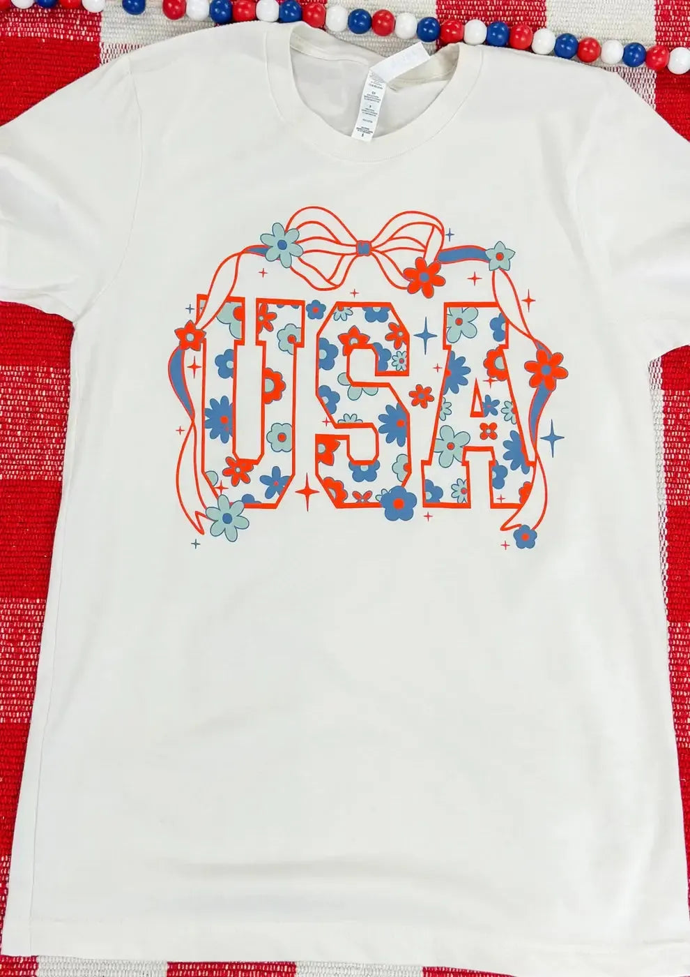 USA Bow Tee-4th of July,Bow,Bow Detail,clothing,Curvy,Patriotic,Top,Tops,USA,Vintage White,Women,women's-[option4]-[option5]-[option6]-Bella Bliss Boutique in Texas