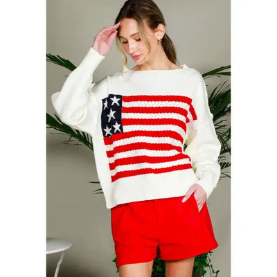 USA Flag Boat Neck Sweater-4th of July, American Flag, Boat Neck, clothing, Cream, Flag, Inauguration, Lightweight Sweater, Sweater, Sweaters, Top, Tops, USA, Women, women's-S-[option4]-[option5]-[option6]-Bella Bliss Boutique in Texas