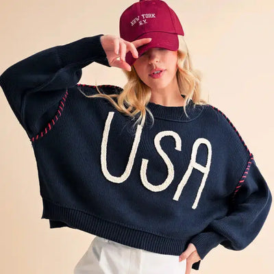 USA Rope Sweater-4th of July, clothing, Inauguration, navy, Rope, Sweater, Sweaters, Top, Tops, USA, Women, women's-S-[option4]-[option5]-[option6]-Bella Bliss Boutique in Texas