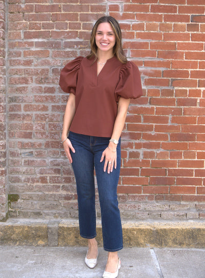 V-Neck Puff Sleeve Top-clothing,Puff Sleeve,Rust,Top,Tops,V-Neck,Women,women's-S-[option4]-[option5]-[option6]-Bella Bliss Boutique in Texas