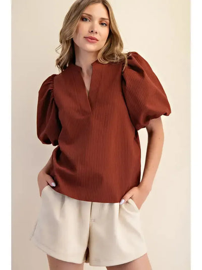 V-Neck Puff Sleeve Top-clothing,Puff Sleeve,Rust,Top,Tops,V-Neck,Women,women's-S-[option4]-[option5]-[option6]-Bella Bliss Boutique in Texas