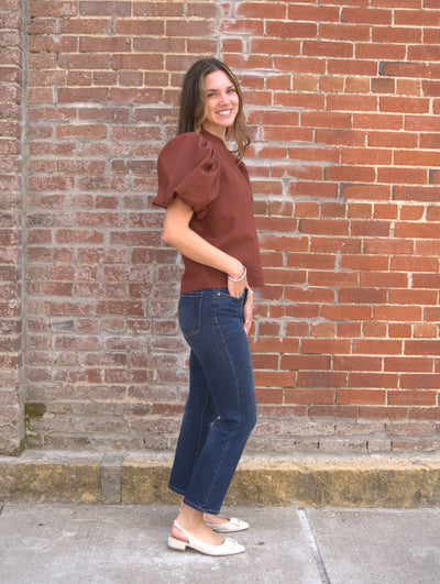 V-Neck Puff Sleeve Top-clothing,Puff Sleeve,Rust,Top,Tops,V-Neck,Women,women's-[option4]-[option5]-[option6]-Bella Bliss Boutique in Texas