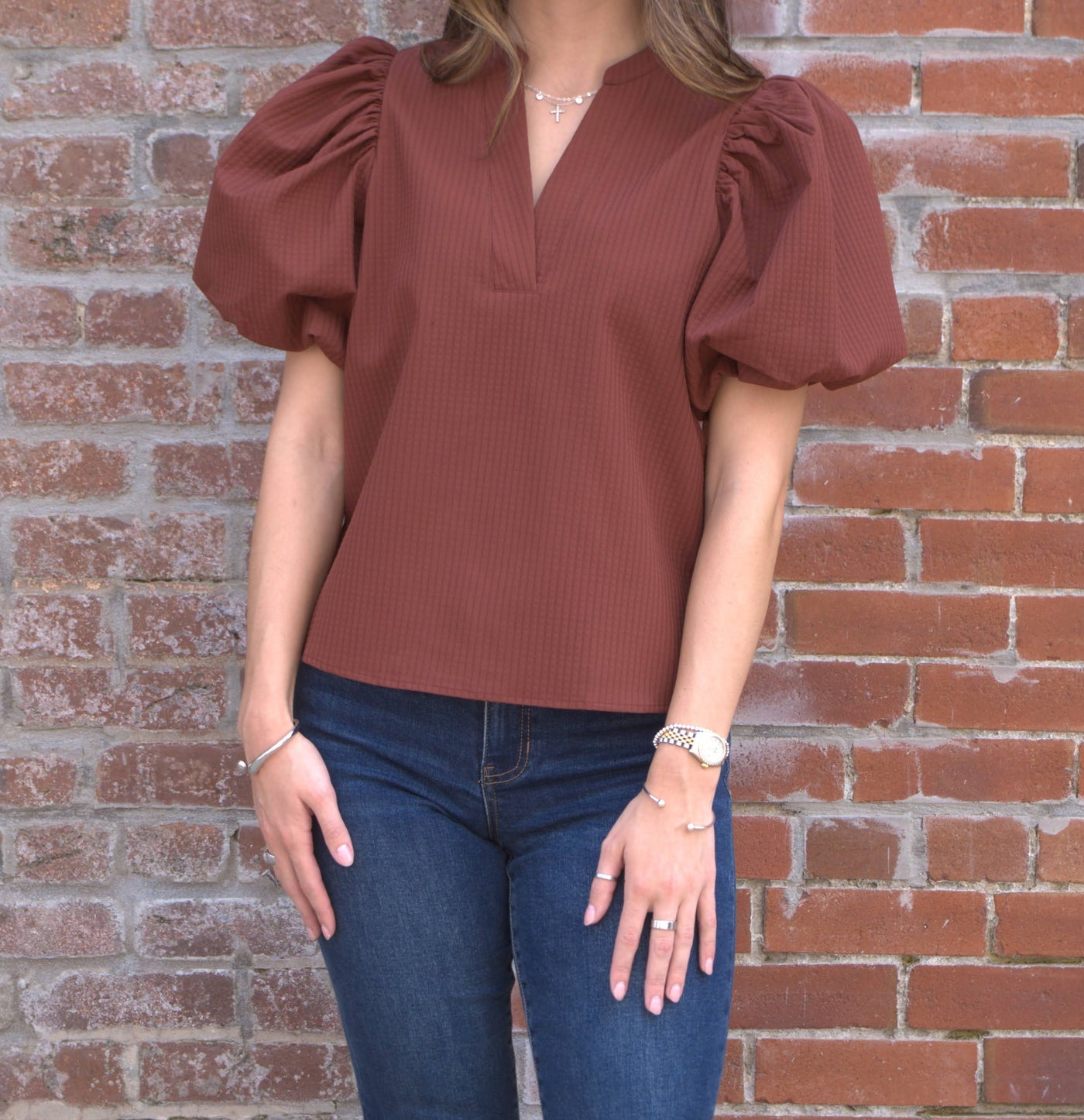 V-Neck Puff Sleeve Top-clothing,Puff Sleeve,Rust,Top,Tops,V-Neck,Women,women's-[option4]-[option5]-[option6]-Bella Bliss Boutique in Texas