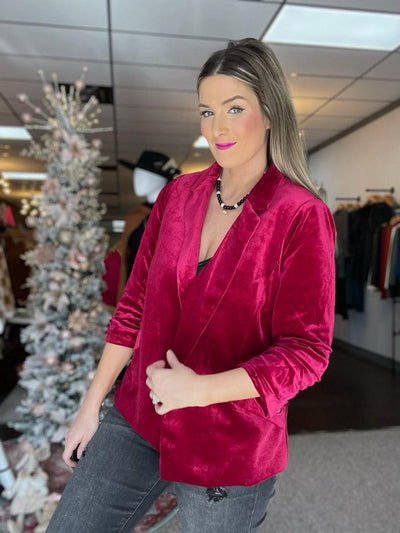 Velvet Blazer w/Bunched Sleeves-Black, Blazer, Bunched Sleeves, clothing, Coats & Jackets, Deep Cherry, jacket, Magenta, Outerwear, Plum Purple, Velvet, Women, women's-Deep Cherry-XS-[option4]-[option5]-[option6]-Bella Bliss Boutique in Texas