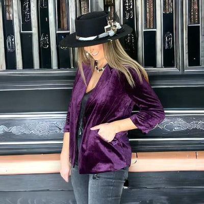 Velvet Blazer w/Bunched Sleeves-Black, Blazer, Bunched Sleeves, clothing, Coats & Jackets, Deep Cherry, jacket, Magenta, Outerwear, Plum Purple, Velvet, Women, women's-Plum Purple-XS-[option4]-[option5]-[option6]-Bella Bliss Boutique in Texas