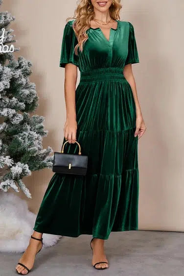 Velvet Tiered Maxi Dress-Christmas, clothing, dress, dresses, green, holiday, Magenta, Maxi Dress, Shirred Waist, Tiered, Velvet, Women, women's-Green-S-[option4]-[option5]-[option6]-Bella Bliss Boutique in Texas