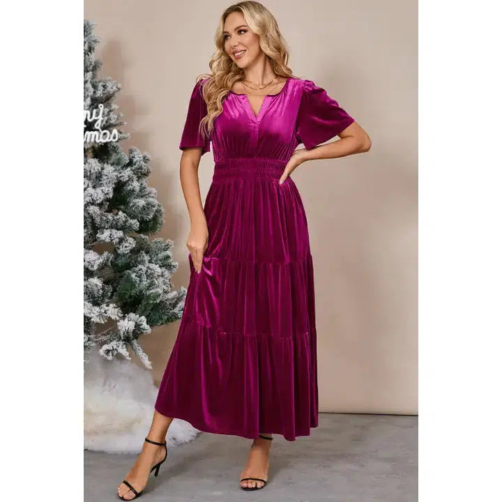 Velvet Tiered Maxi Dress-Christmas, clothing, dress, dresses, green, holiday, Magenta, Maxi Dress, Shirred Waist, Tiered, Velvet, Women, women's-Magenta-S-[option4]-[option5]-[option6]-Bella Bliss Boutique in Texas