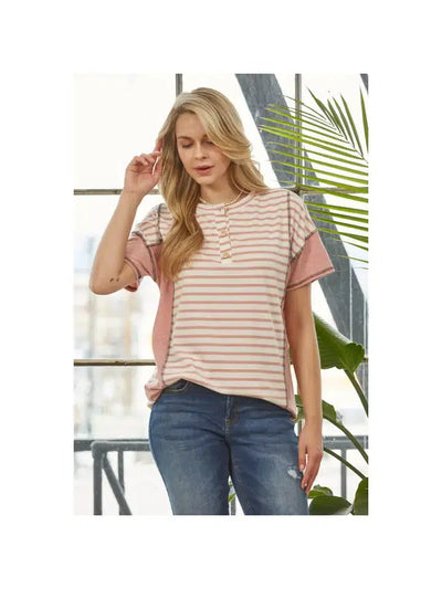 Vintage Accent Stripe Top-clothing, Pink, Sale, Short Sleeve, stripe, Top, Tops, Vintage, Women, women's-S-[option4]-[option5]-[option6]-Bella Bliss Boutique in Texas