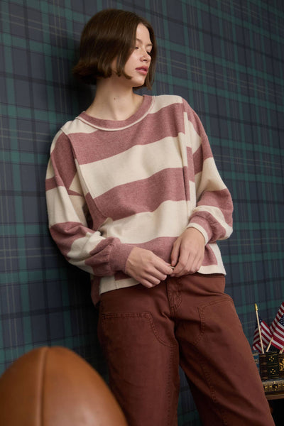 WASHED STRIPE LONG SLEEVE KNIT TOP-Blu Pepper,Burgundy,Harvest Hues,Knit Top,Long Sleeve,Oversized,Patchwork,Round Neck,Striped,Sweater,Tops,Women-S-[option4]-[option5]-[option6]-Bella Bliss Boutique in Texas