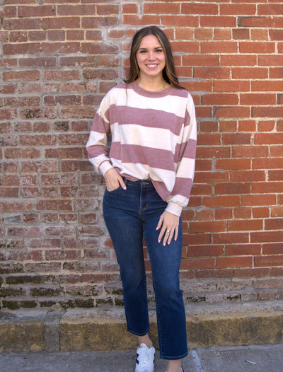 WASHED STRIPE LONG SLEEVE KNIT TOP-Blu Pepper,Burgundy,Harvest Hues,Knit Top,Long Sleeve,Oversized,Patchwork,Round Neck,Striped,Sweater,Tops,Women,women's-S-[option4]-[option5]-[option6]-Bella Bliss Boutique in Texas