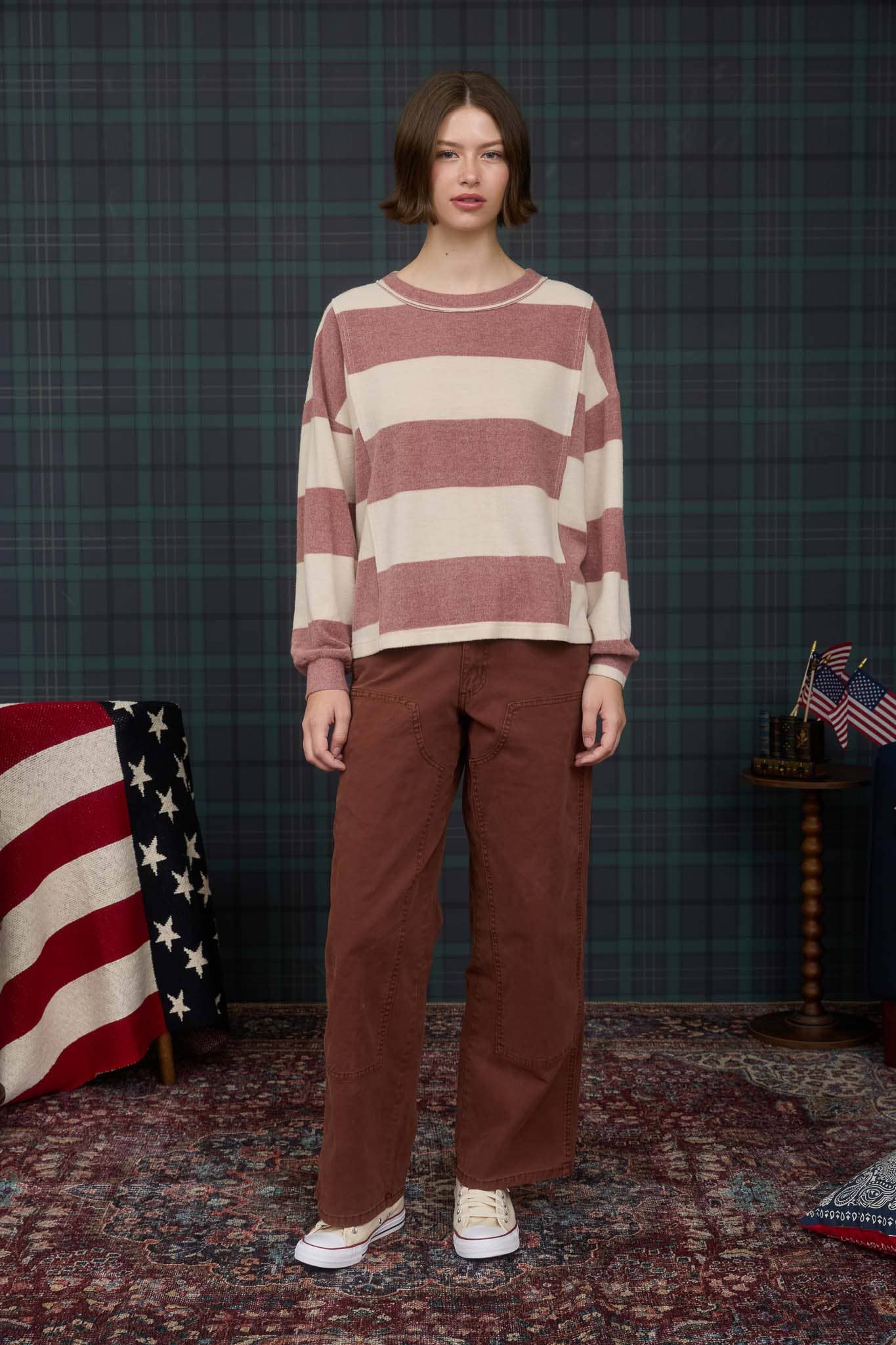 WASHED STRIPE LONG SLEEVE KNIT TOP-Blu Pepper,Burgundy,Harvest Hues,Knit Top,Long Sleeve,Oversized,Patchwork,Round Neck,Striped,Sweater,Tops,Women-[option4]-[option5]-[option6]-Bella Bliss Boutique in Texas
