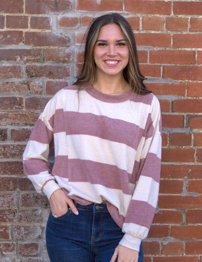 WASHED STRIPE LONG SLEEVE KNIT TOP-Blu Pepper,Burgundy,Harvest Hues,Knit Top,Long Sleeve,Oversized,Patchwork,Round Neck,Striped,Sweater,Tops,Women,women's-[option4]-[option5]-[option6]-Bella Bliss Boutique in Texas