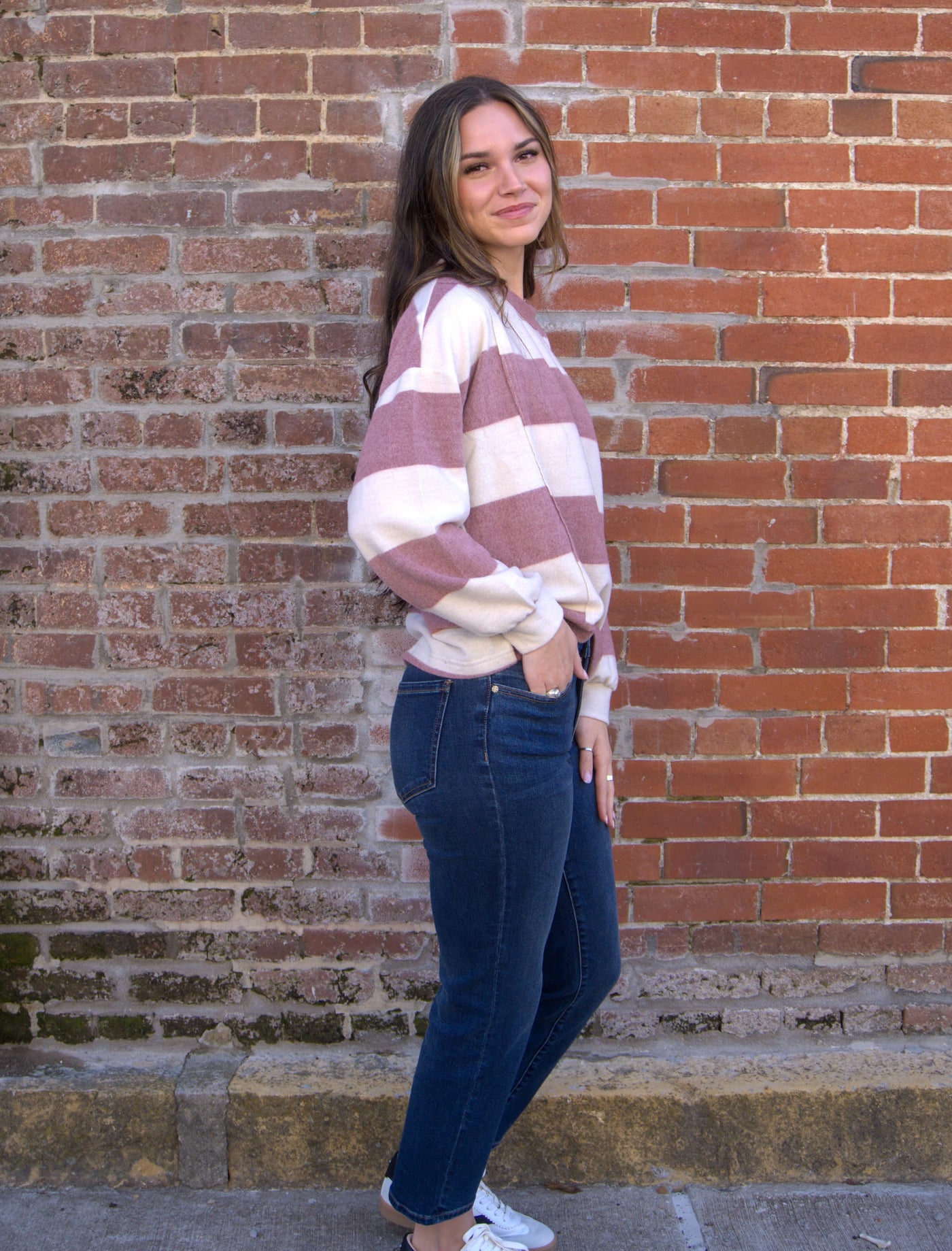 WASHED STRIPE LONG SLEEVE KNIT TOP-Blu Pepper,Burgundy,Harvest Hues,Knit Top,Long Sleeve,Oversized,Patchwork,Round Neck,Striped,Sweater,Tops,Women,women's-[option4]-[option5]-[option6]-Bella Bliss Boutique in Texas