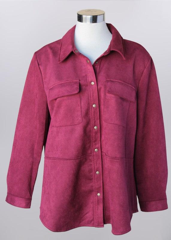 Washable Suede Top-button down, Button Front, Button Up, buttondown, clothing, Long Sleeve, Suede, Top, Tops, Washable Suede, Wine, Women, women's-[option4]-[option5]-[option6]-Bella Bliss Boutique in Texas