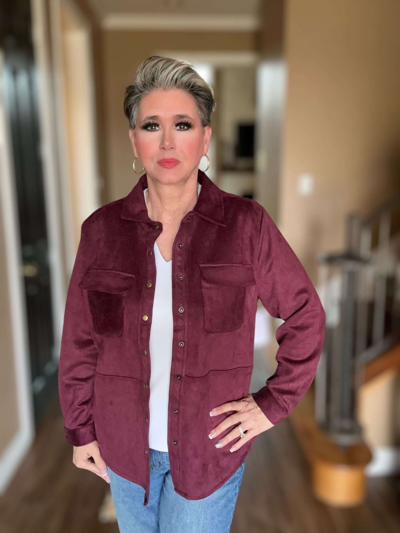 Washable Suede Top-button down,Button Front,Button Up,buttondown,clothing,Long Sleeve,Sale,Suede,Top,Tops,Washable Suede,Wine,Women,women's-[option4]-[option5]-[option6]-Bella Bliss Boutique in Texas