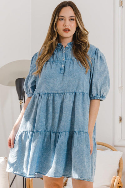 Washed Denim Tiered Mini Dress-clothing, Curvy, dress, dresses, Mini Dress, Puff Sleeve, Tiered, Washed Denim-[option4]-[option5]-[option6]-Bella Bliss Boutique in Texas