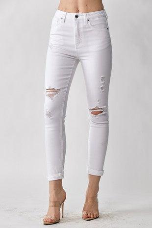 White Distressed Detail Skinny Jeans-Bottoms, clothing, Distressed, Jeans, Pants, Sale, Skinny Jeans, White, White Denim, Women, women's-1/25-[option4]-[option5]-[option6]-Bella Bliss Boutique in Texas