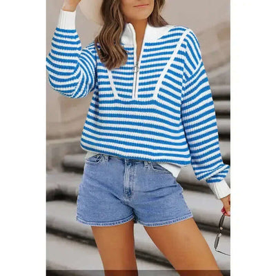 Zip Collar Drop Shoulder Sweater-clothing,Drop Shoulder,stripe,Striped,Sweater,Sweaters,Top,Tops,Women,women's,Zip Collar-[option4]-[option5]-[option6]-Bella Bliss Boutique in Texas
