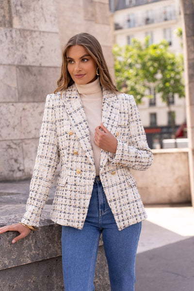 Checked tweed double-breasted fitted blazer jacket-Women's-Attentif Paris-White-S-Bella Bliss Boutique LLC