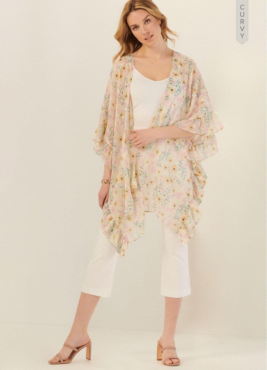 Curvy Shimmer Kimono-Clothing, Curvy, Kimonos, Max Retail, Side Ruffles, Wild Flower-[option4]-[option5]-[option6]-Bella Bliss Boutique in Texas